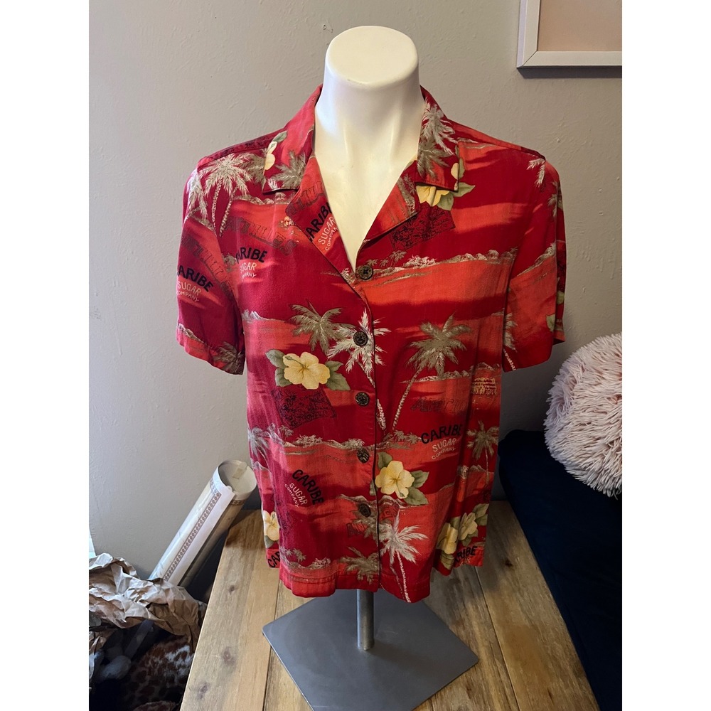 Island Traders Red Tropical Palm‎ Tree Floral Button Up Shirt Women's Size M
